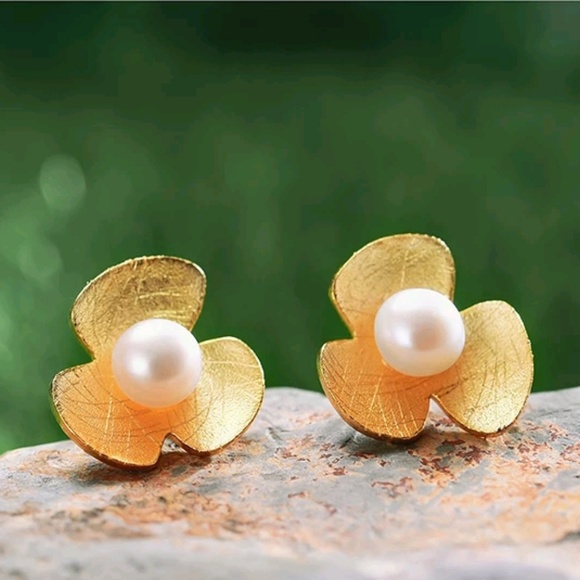 925 Silver gold Pearl Flower Leaf Simple Studs Jewelry - Handmade .925 Silver Gold Pearl Flower Leaf